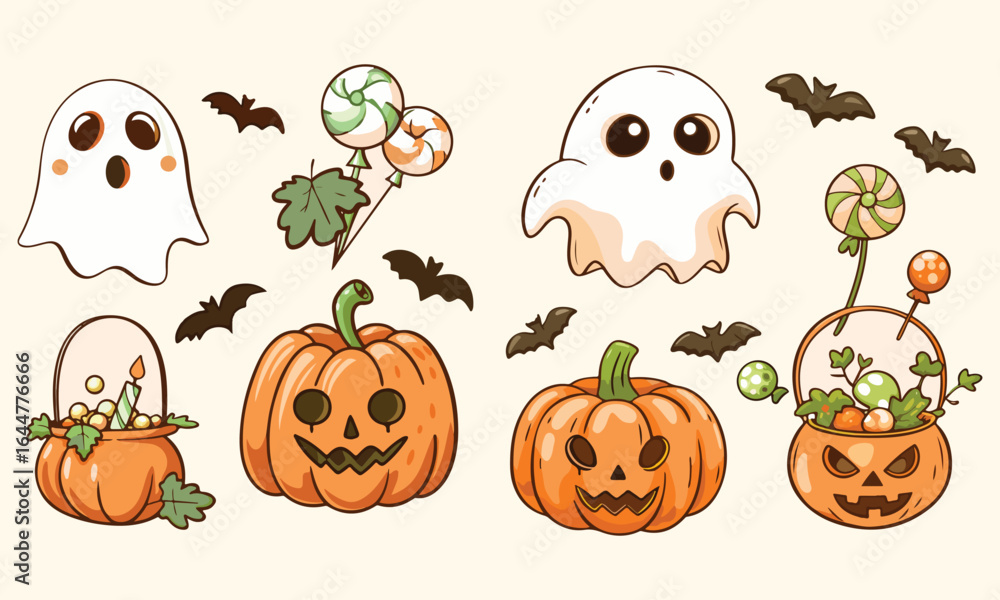 Fototapeta premium Cute Ghost and Pumpkin Halloween Clipart Set – Colored and Black & White Printable Designs