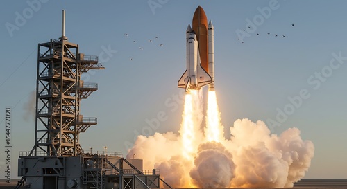 Rocket Launch at Spaceport with Smoke and Tower