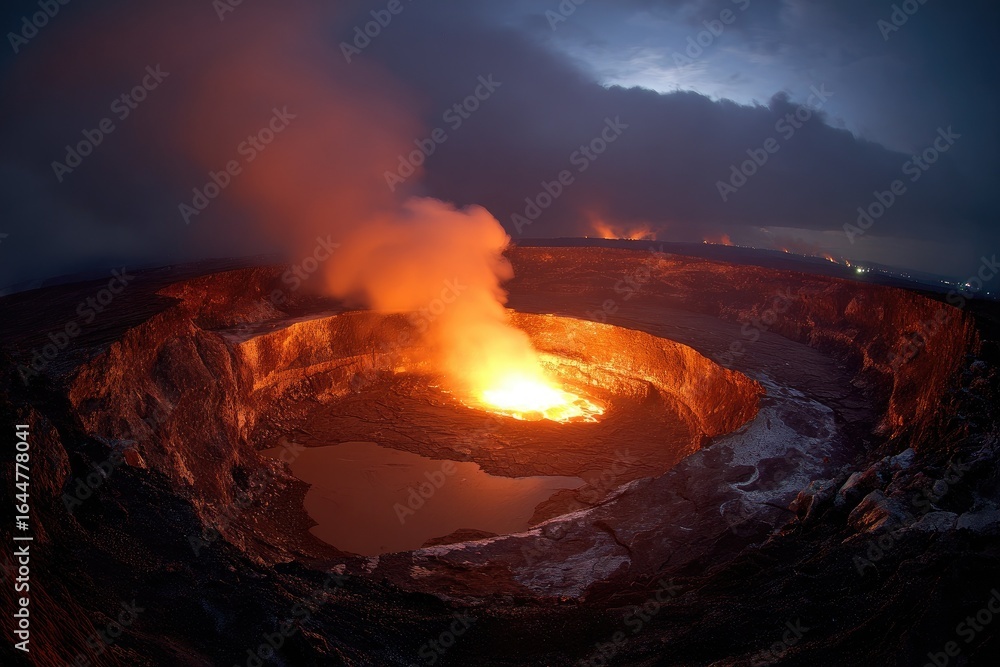 Fototapeta premium Volcano crater at night, glowing lava