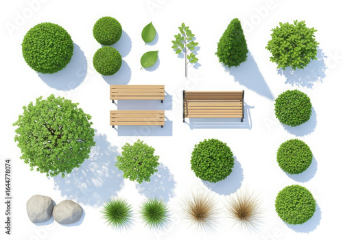 Top view of garden elements including benches and various green plants isolated on white background