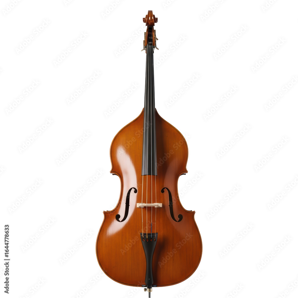 Fototapeta premium A beautiful, polished wooden double bass stands tall, showcasing its classic design. Ideal for music, concert, or jazz themed projects.
