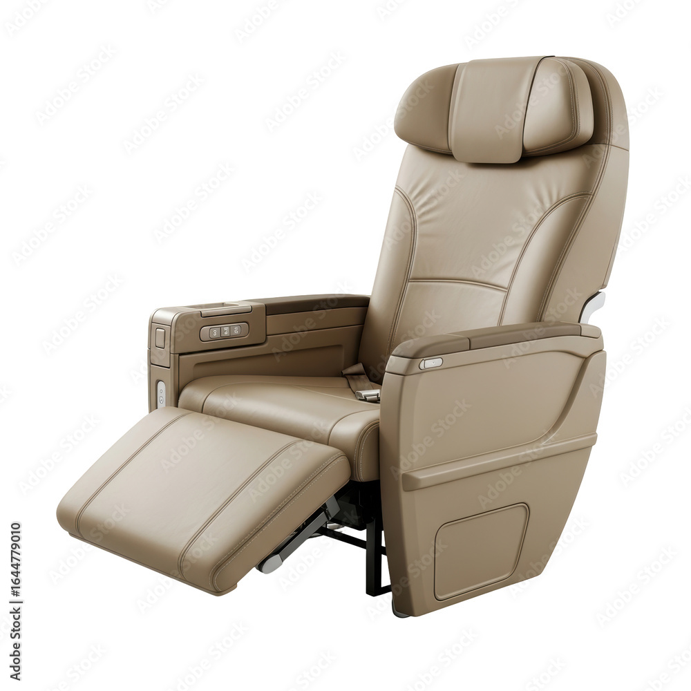 Fototapeta premium A comfortable, modern beige airplane seat with an extended leg rest, designed for premium travel comfort and luxury.