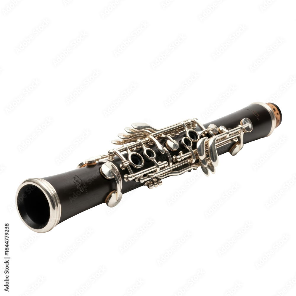 Naklejka premium A sleek black clarinet featuring polished silver keys, a sophisticated woodwind instrument used in orchestras, bands, and jazz ensembles.