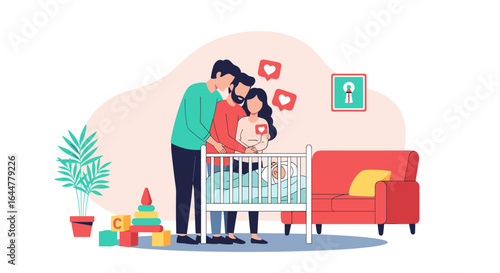 A happy young family lovingly looking at their newborn baby in a crib during a special moment together at home