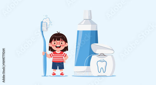 Cute cartoon child holding a toothbrush with toothpaste and dental floss for healthy teeth