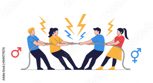 Gender war concept illustration people playing tug of war symbolizing equality and conflict