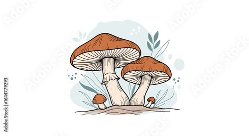 Enchanting forest mushrooms growing in fertile soil with delicate foliage in a vibrant watercolor art style