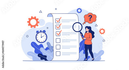 Evaluating project progress with checklists and magnifying glass to ensure success and efficiency