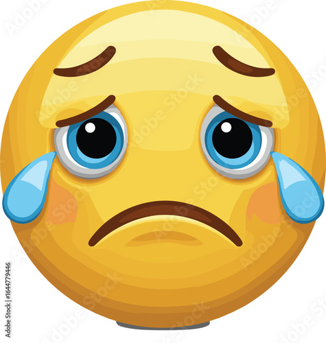 Crying emoji cartoon, sad face with tears, emotional emoji icon, depressed yellow emoticon illustration, expressive digital mood icon, sorrowful emoji design artwork