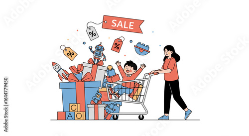 Family enjoys exciting shopping spree filled with gifts and toys during a special sale event