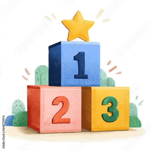 Colorful blocks form a podium with a star on top, representing success and ranking