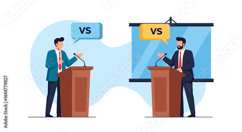 Two businessmen engage in a debate standing at podiums discussing important issues during a political event