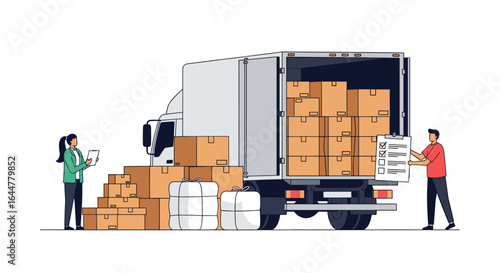 Two people checking inventory and loading boxes onto a delivery truck for moving and logistics services