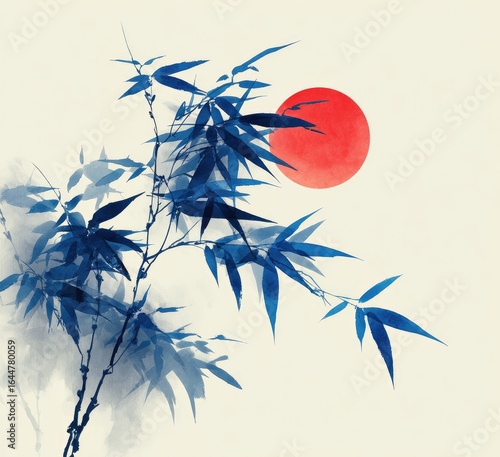 Blue bamboo stalks and leaves against a red sun