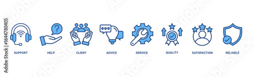 Customer care banner web icon vector illustration concept for customer support and telemarketing service with an icon of help, client, advice, chat, service, reliability, quality, and satisfaction 