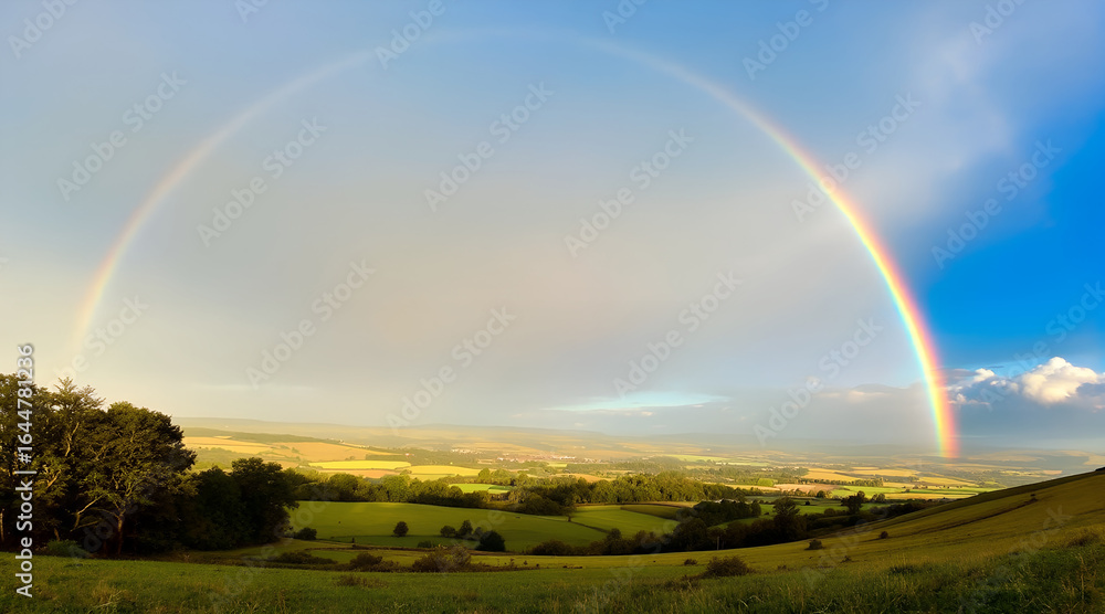 Naklejka premium Double Rainbow Over Green Rolling Hills and Fields on a Sunny Day