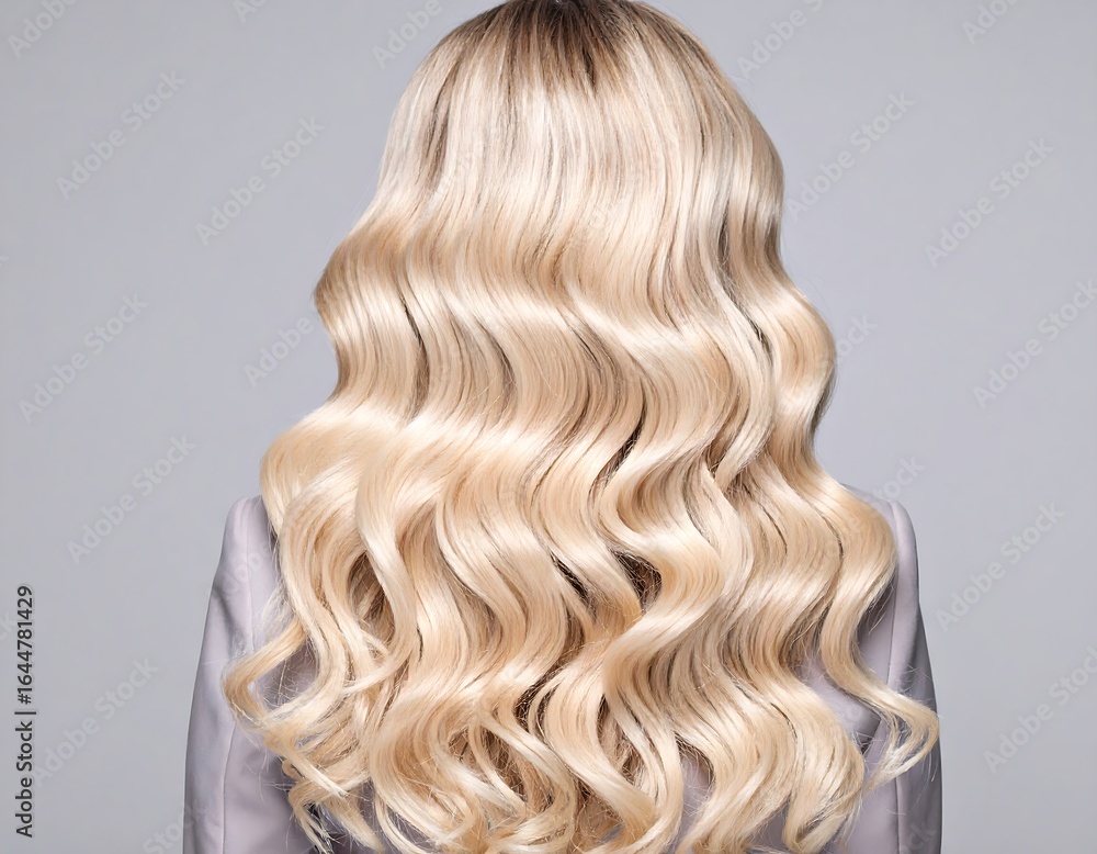Fototapeta premium Long, wavy blonde hair cascading down a woman's back against a neutral backdrop