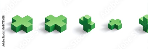 Set of green plus-shaped blocks in 3D isometric style,  varying in size