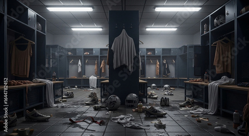 A single jersey hangs in a dark and messy football locker room, with discarded equipment scattered across the floor.