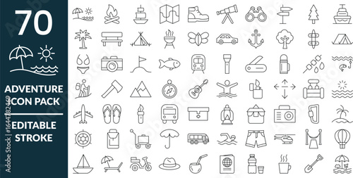 70 Adventure and Travel Outline Icons pack, Editable Stroke Vector Set for Outdoor, Camping, Holiday, Hiking, Beach Vacation, Minimal Line Icons, Thin Line Symbol