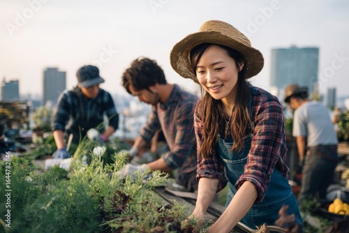 Afternoon in a city rooftop garden in Asia Friends and strangers work together to harvest vegetables The mood is cheerful and helpful, Generative AI