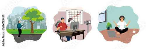 A young man listens to music outdoors,man hosts a podcast in the studio, woman meditating indoors.