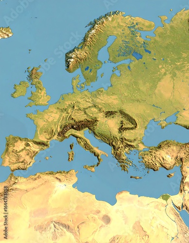 A shaded relief map of Europe showing its varied topography and geography