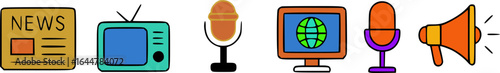 News media icons depicting newspaper, television, microphone, and loudspeaker.