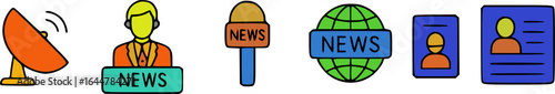 A collection of colorful icons representing news, media, journalism, and broadcasting.