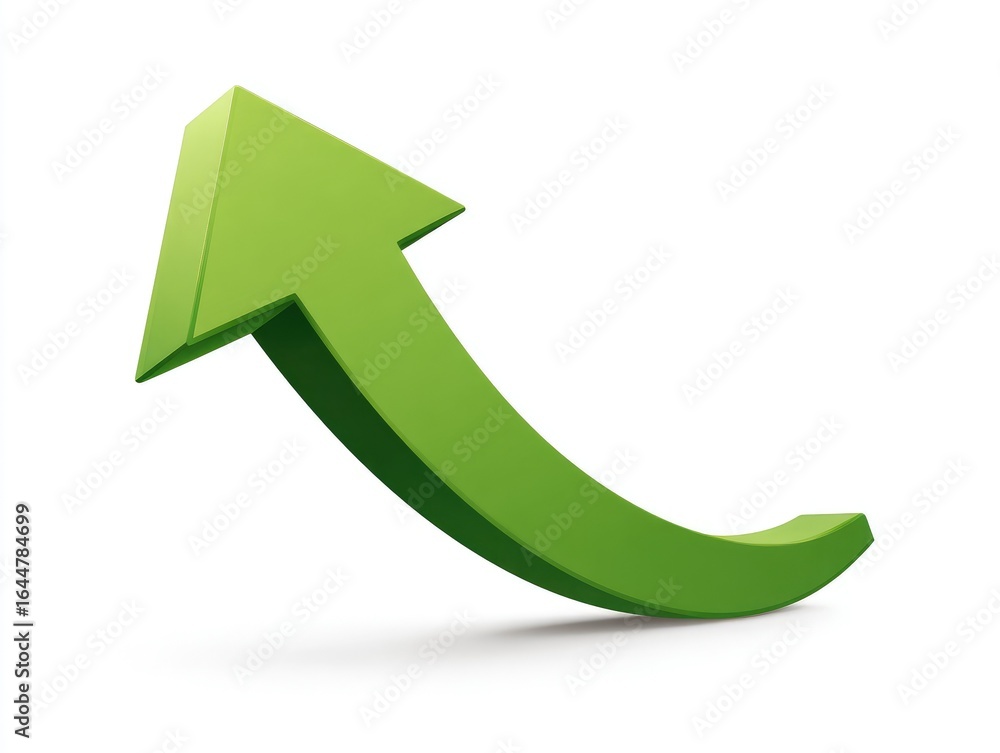 Green upward curving arrow on white background Green upward curving arrow on white background