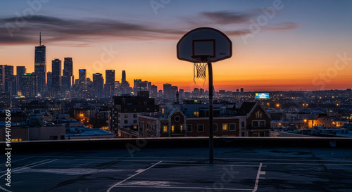 A rooftop basketball court and hoop silhouetted against the New York City skyline during a vibrant sunrise.