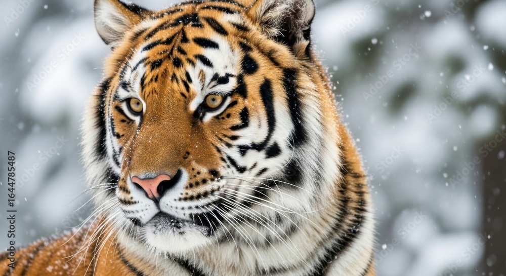 Obraz premium Majestic Siberian tiger with striking orange and black stripes gazes intently amidst a gentle snowfall in a winter forest setting.