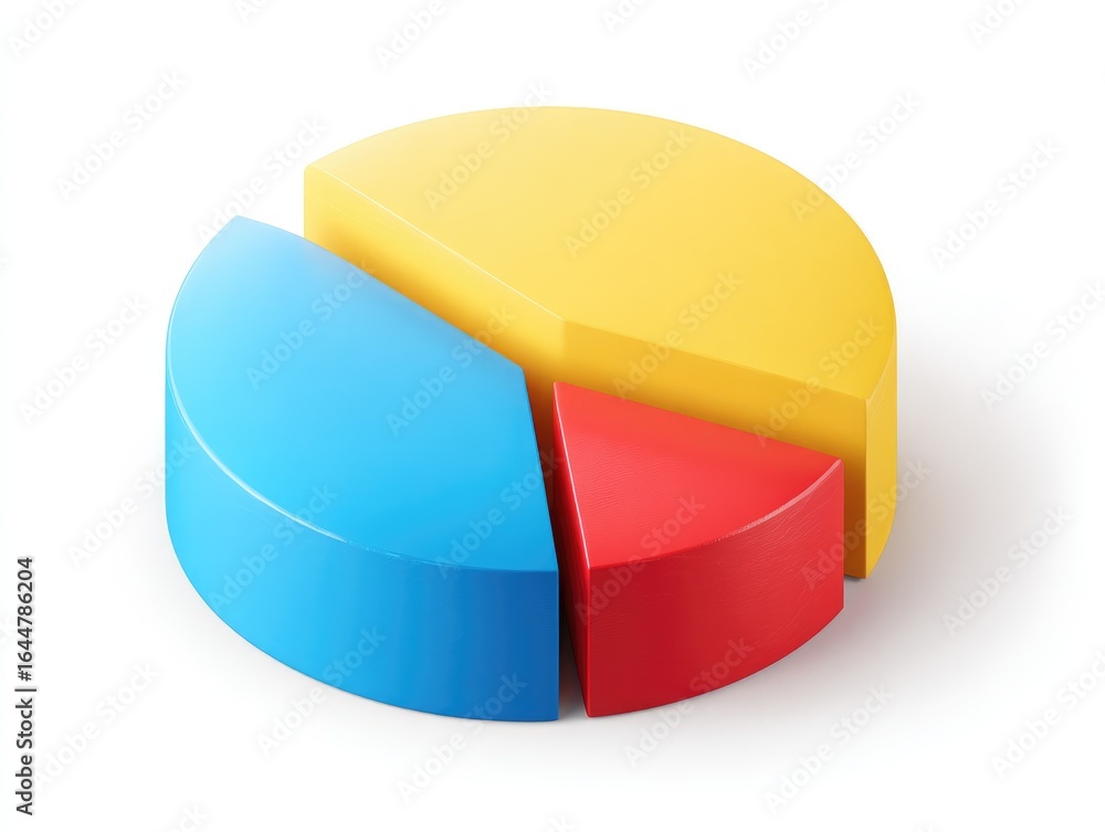 Fototapeta premium 3D pie chart, three colored sections. Bright yellow, light blue, and red slices of a circle, solid, rounded. High contrast against white background. Realistic shadow