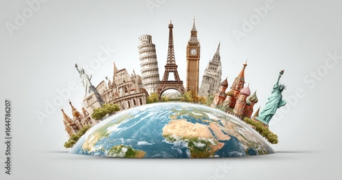 Iconic landmarks around the world, positioned on a globe