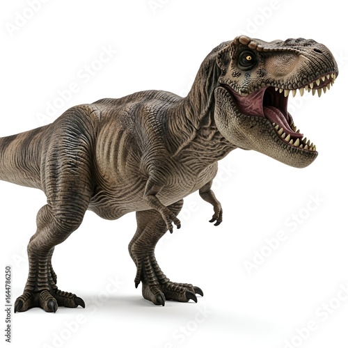Ferocious tyrannosaurus rex with open mouth isolated on white background, showcasing its powerful jaws and sharp teeth