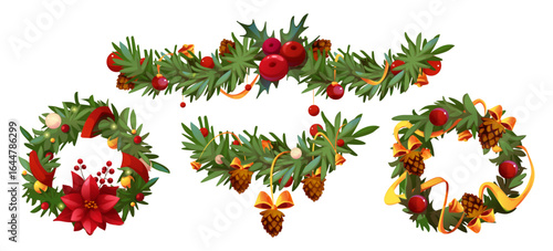 Christmas cartoon garland set with pine branch decorations - festive wreaths and borders with poinsettia flowers, holly berries, golden ribbons, pinecones and baubles for holiday greeting card design