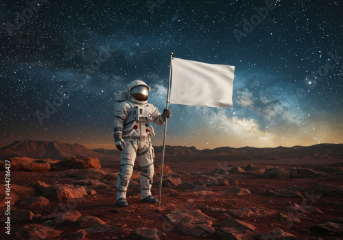 A lone astronaut on the surface of Mars, holding a symbolic white flag under the vast, star-filled expanse of the Milky Way.