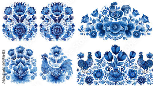 Vibrant blue floral folk art patterns with birds and flowers, inspired by traditional Eastern European decorative painting, ideal for prints and textiles.