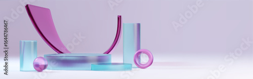3d glass podium display with pink curved shapes, transparent blue cylinders and ring elements on purple gradient background for product presentation, modern showcase design with glossy geometric forms