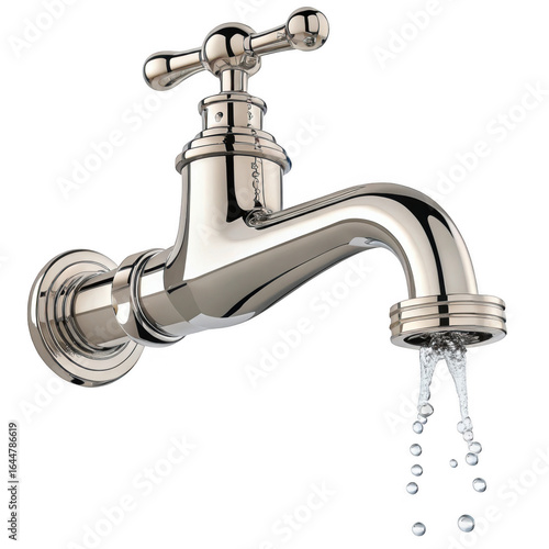 3d vintage faucet with flowing water isolated on transparent background