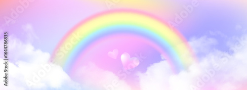 Rainbow sky unicorn paradise with soft pastel arc curving through white clouds. Blurry hearts floating in dreamy atmosphere with purple and pink gradient backdrop for fantasy artwork. Childish soft bg
