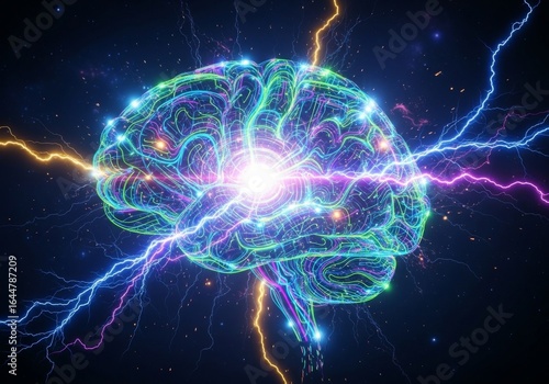 A vibrant, glowing human brain depicted with intricate neural pathways, illuminated by colorful electrical energy and lightning bolts, symbolizing thought and consciousness.