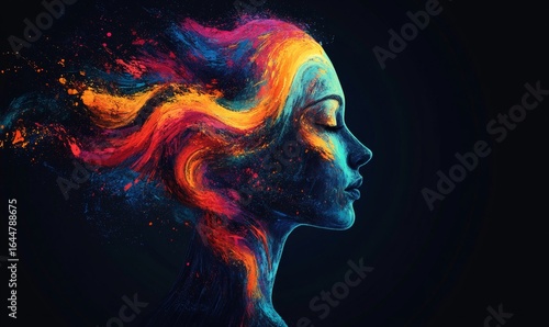 Concept of decision-making, featuring a stylized silhouette of a human head seamlessly blended with vibrant, colorful shapes and pathways, symbolizing the complexity, Generative AI