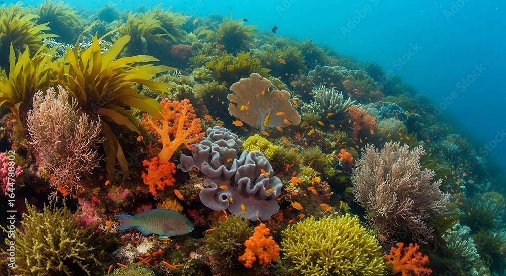 Obraz premium Vibrant underwater ecosystem with diverse corals and marine life creating a rich seascape