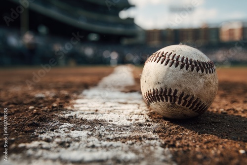 Baseball on the field, close-up.  A worn baseball rests on the edge of the infield, near the white baseline,  against a backdrop of a packed stadium
