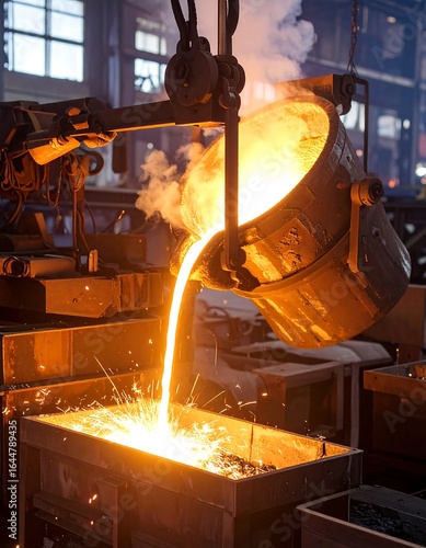 Molten metal pours from a crucible into a mold, sparks fly, industrial setting