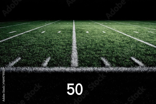 Nighttime football field.  Dark, shadowed view of a football field at night.  Green grass, white markings.  Number 50 visible