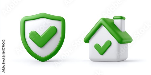 3D icons of a green checkmark shield and house