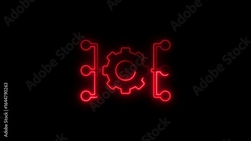 Canvastavla Glowing red neon gear system connection concept on a black background for busine