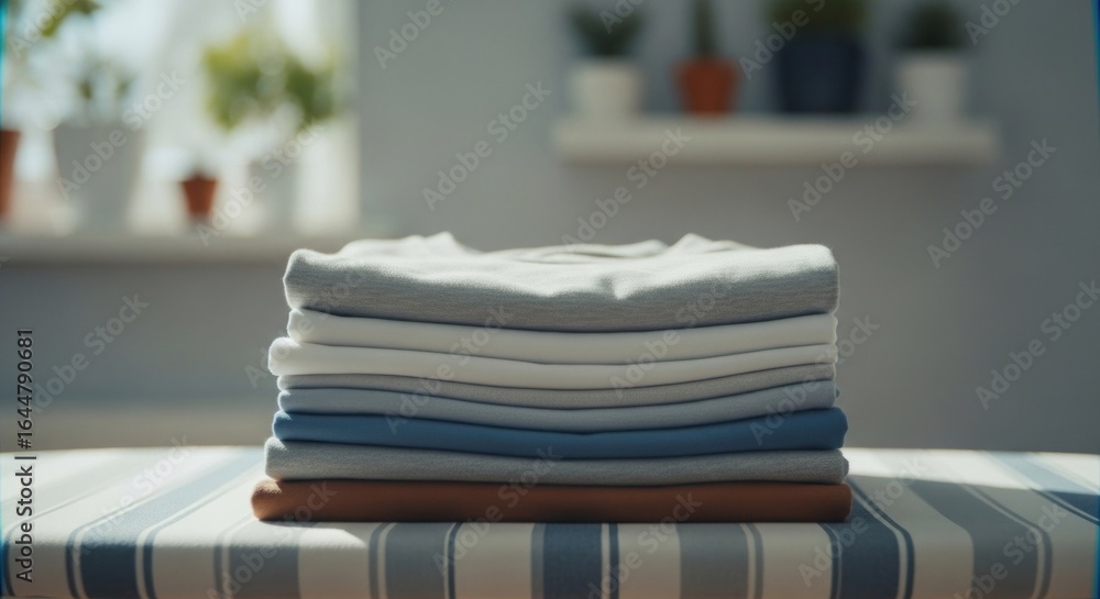 Folded clothes stack on striped ironing board near window with plants Folded clothes stack on striped ironing board near window with plants